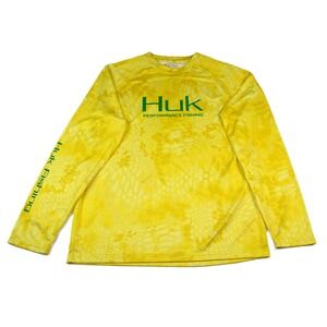 Huk Performance Fishing Shirt Mens Medium Yellow Kryptek Camo Long Sleeve Tee